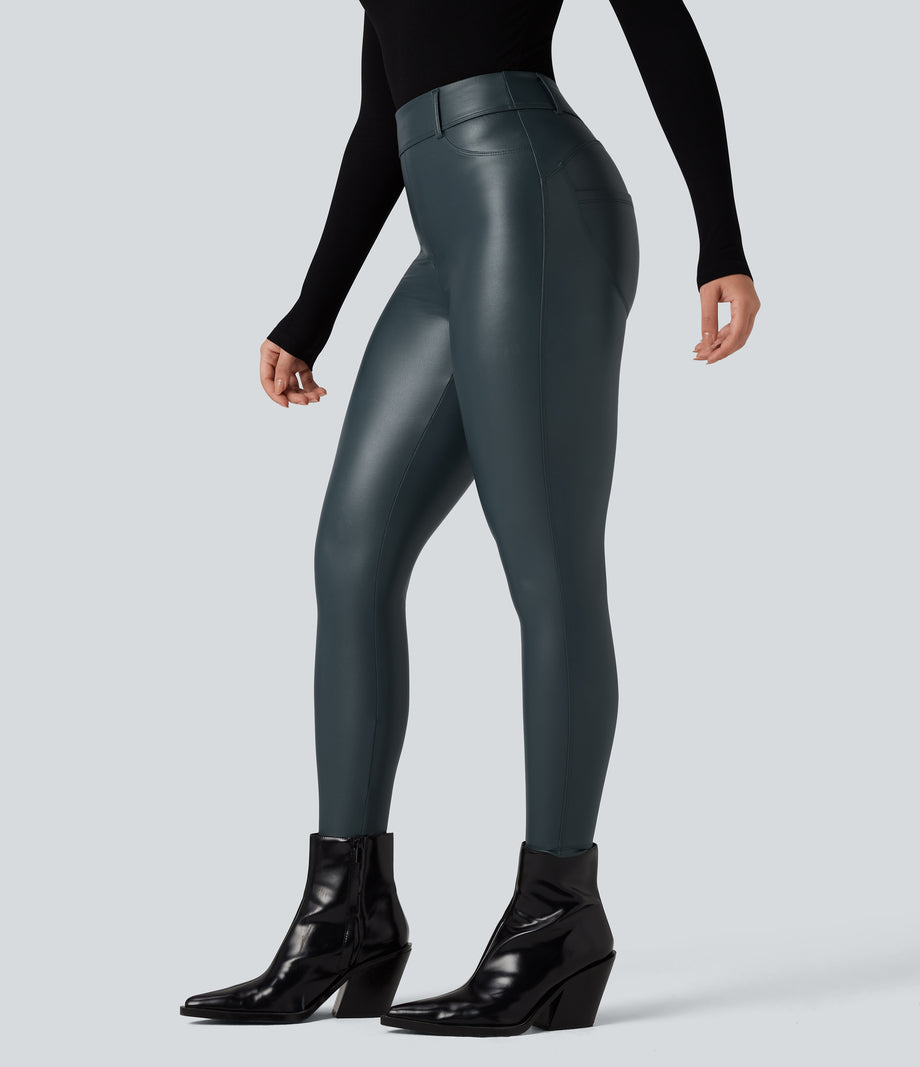 High Waisted Stretchy PU Fleece Casual Leggings with Pockets - Stratified Sea