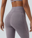 High Waisted Drawstring Striped Yoga Leggings with Pockets - Charcoal Stripe