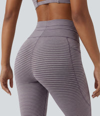High Waisted Drawstring Striped Yoga Leggings with Pockets - Charcoal Stripe