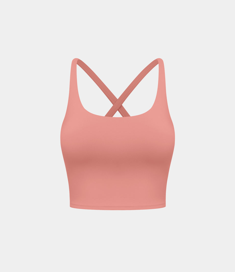Crisscross Backless Built-in Bra Cropped Running Tank Top A-D Cups - Blooming Dahlia