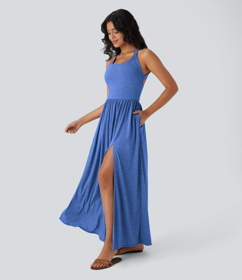 Twisted Backless Split Flowy Maxi Resort Dress with Pockets - Sky Blue Floral Yarn