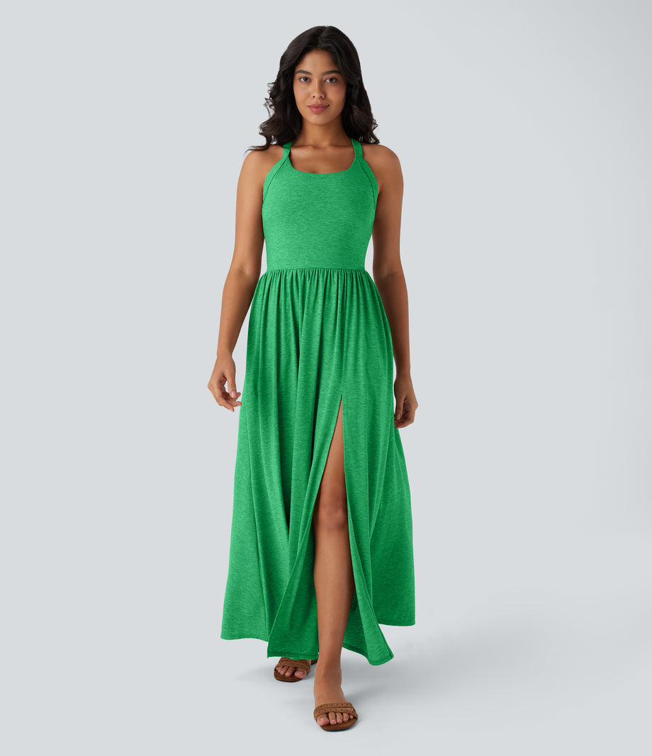 Twisted Backless Split Flowy Maxi Resort Dress with Pockets - Dewleaf Green