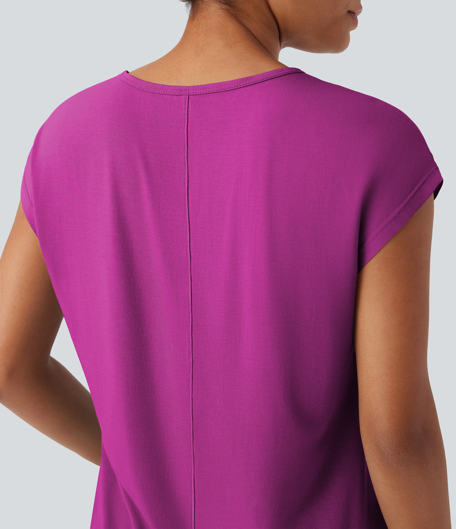 V Neck Short Sleeve Casual T-Shirt - Fuchsia Fedora