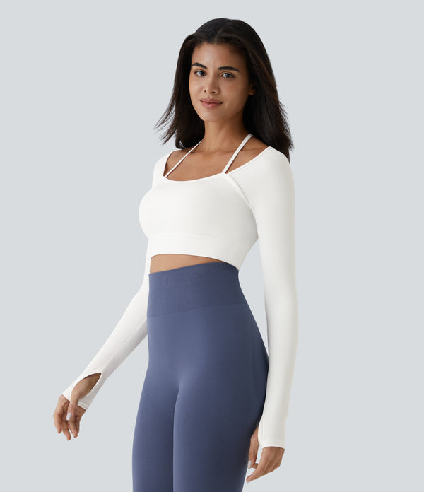 Ribbed Halter Strap Thumb Hole Cropped Yoga Sports Top - White