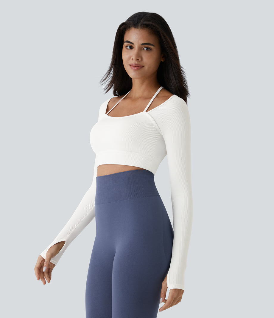 Ribbed Halter Strap Thumb Hole Cropped Yoga Sports Top - White