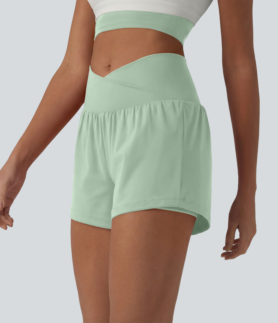 SoftlyZero™ Airy Crossover High Waisted 2-in-1 Cool Touch Yoga Shorts 3'' with Pockets - Light Bean Green