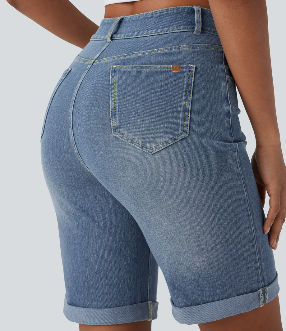 Halara Flex™ High Waisted Pockets Rolled Hem Washed Denim Casual Bermuda Shorts - Blue Spruce Denim