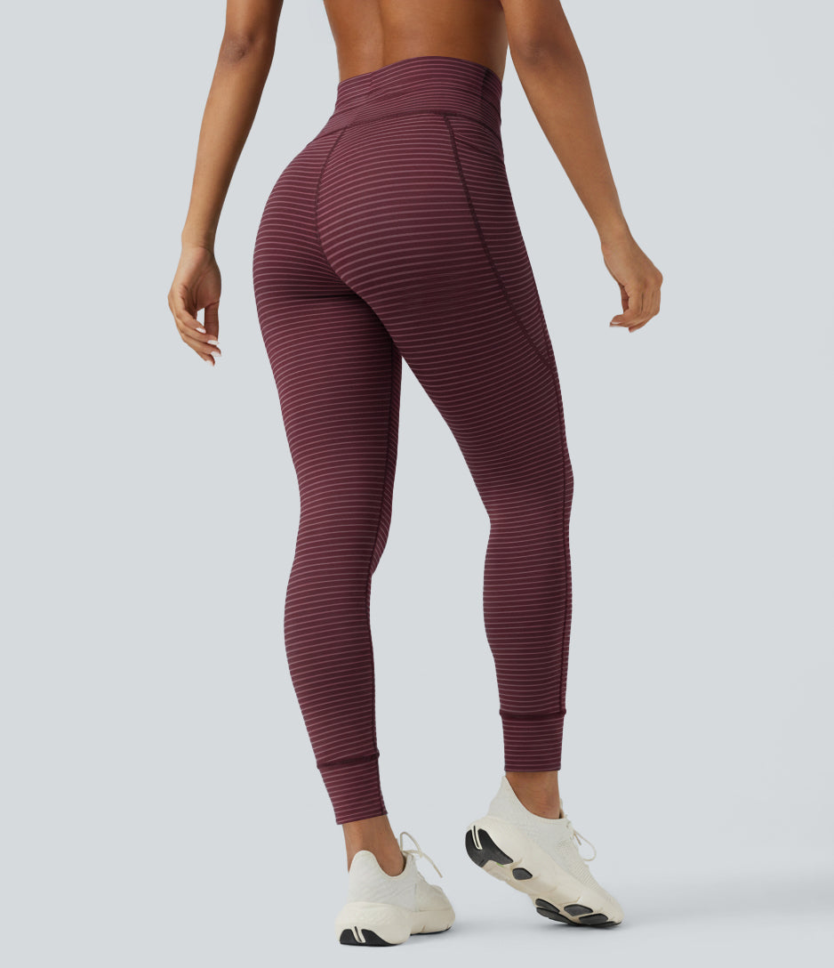 High Waisted Drawstring Striped Yoga Leggings with Pockets - Burgundy Wine