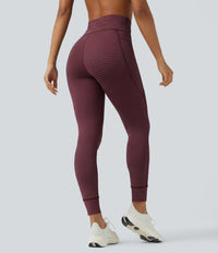 High Waisted Drawstring Striped Yoga Leggings with Pockets - Burgundy Wine