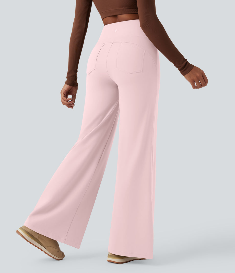 DayStretch High Waisted Tummy Control Wide Leg Baggy Yoga Pants with Pockets - Primrose Pink