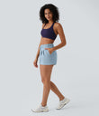 High Waisted Elastic Waistband Drawstring Pleated Yoga Shorts 3" with Pockets - Dusty Blue
