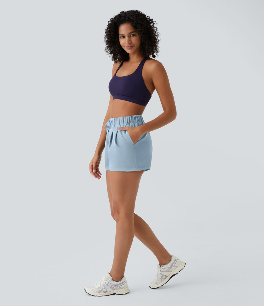 High Waisted Elastic Waistband Drawstring Pleated Yoga Shorts 3" with Pockets - Dusty Blue