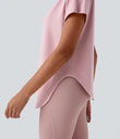 One Shoulder Short Sleeve Curved Hem High Low Quick Dry Yoga Sports Top - Pale Lilac