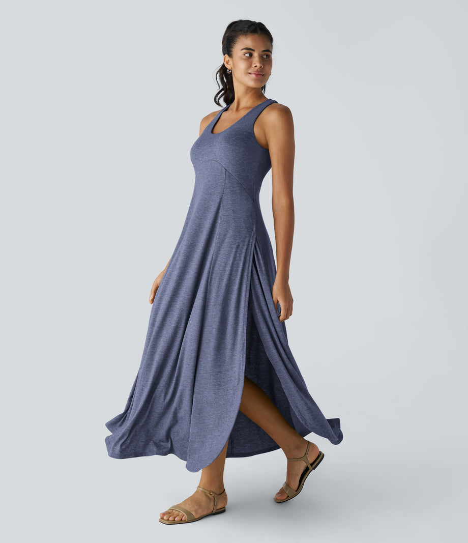 U Neck Flowy Maxi Casual Tank Dress - Mottled Indigo