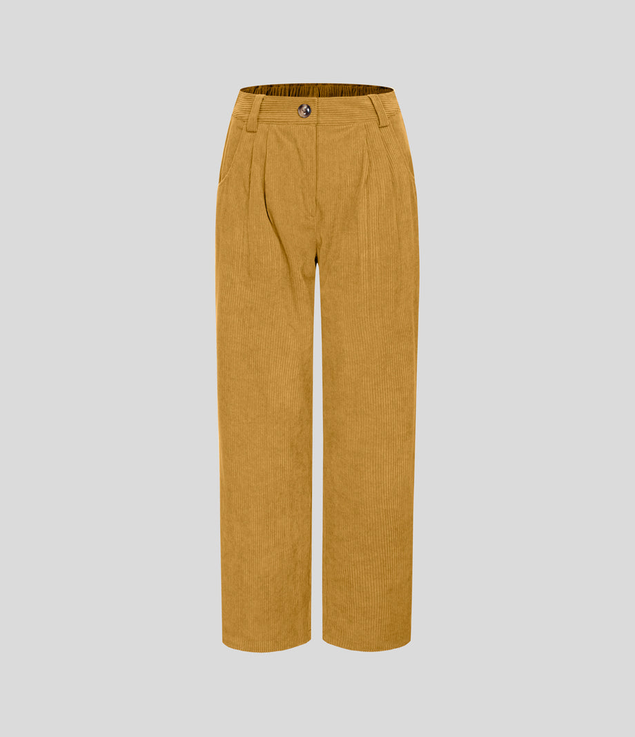 Mid Rise Zipper Pocket Corduroy Casual Pants - Amber Gold