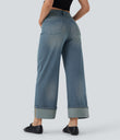 Halara Flex™ High Waisted Pockets Rolled Hem Wide Leg Washed Casual Jeans - Blue Surf Denim
