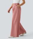 High Waisted Pocket Wide Leg Flowy Solid Palazzo Casual Linen-Feel Pants - Rosette