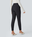High Waisted Tummy Control Decorative Back Zipper Pockets Herringbone Work Leggings - Blue Graphite
