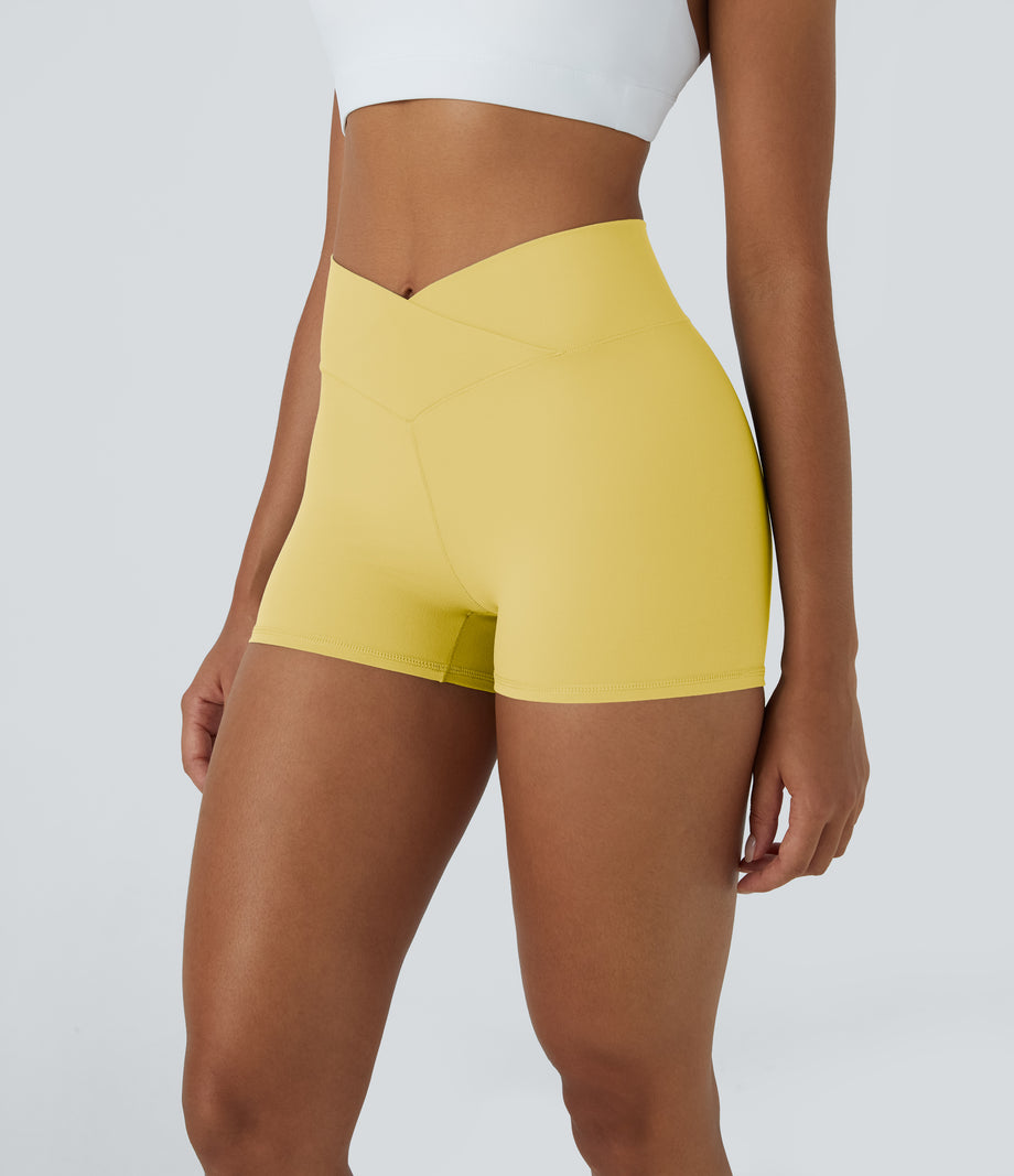 SoftlyZero™ High Waisted Crossover Plain Yoga Biker Shorts 3''-UPF50+ - Lemon Meringue
