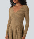 Ribbed Knit V Neck Long Sleeve Flare Mini Casual Dress with Pockets - Tan
