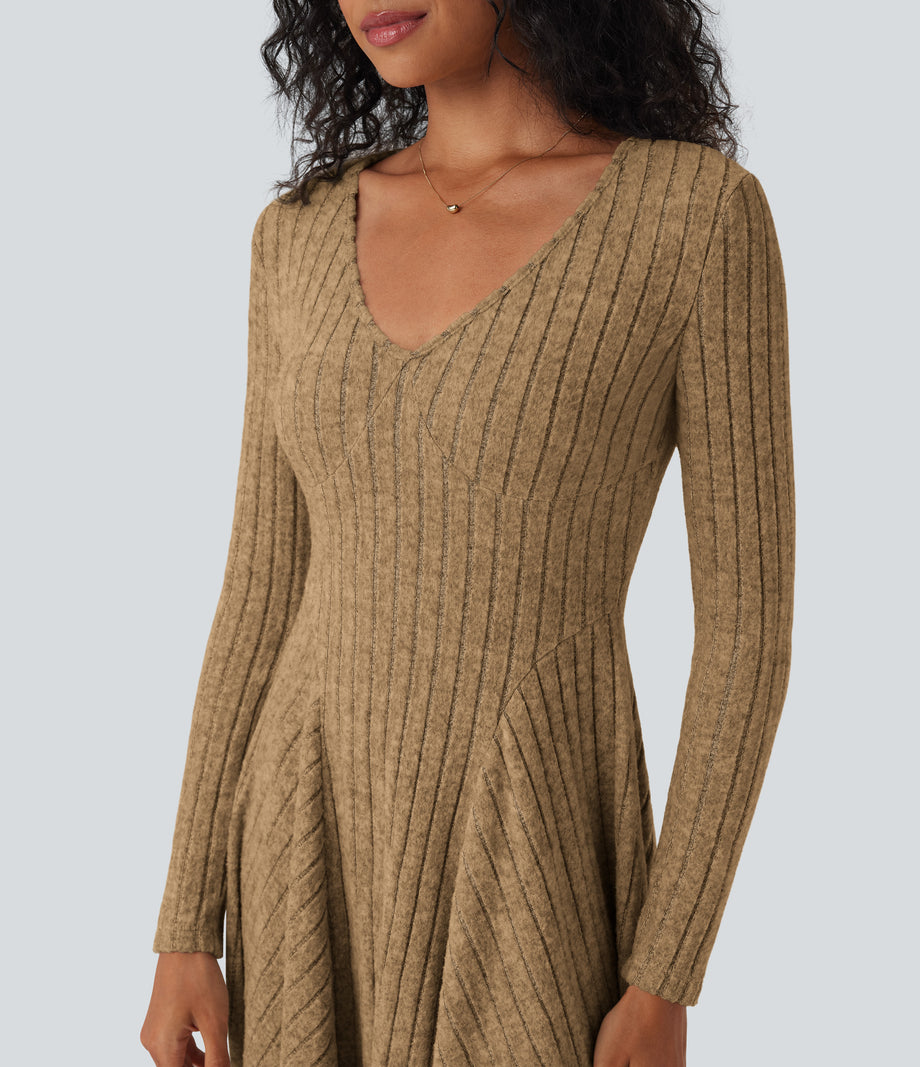 Ribbed Knit V Neck Long Sleeve Flare Mini Casual Dress with Pockets - Tan