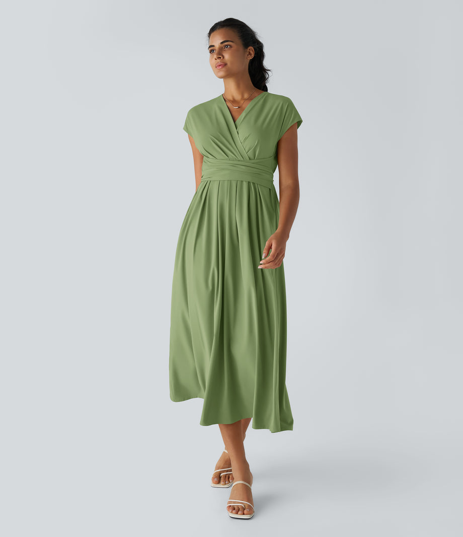 Breezeful™ V Neck Short Sleeve Pocket Tie Back Quick Dry Midi Casual Dress-Longer Length - Hot Wasabi - Green