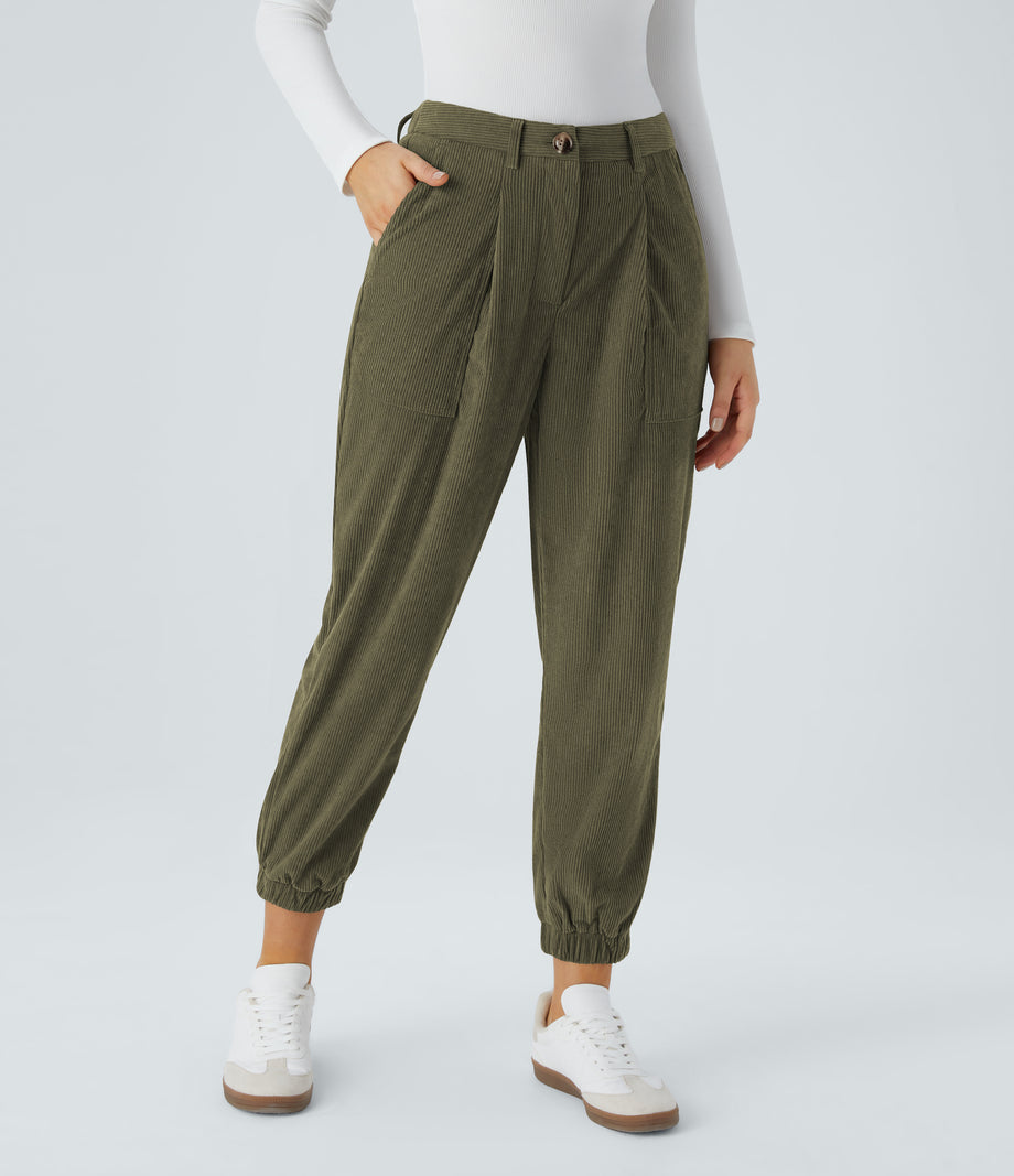 Mid Rise Zipper Pockets Corduroy Casual Joggers - Hazel Mist Green