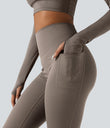 Halara Ultrasculpt™ Heat High Waisted Tummy Control Crossover Back Fleece Running Leggings with Pockets - Walnut