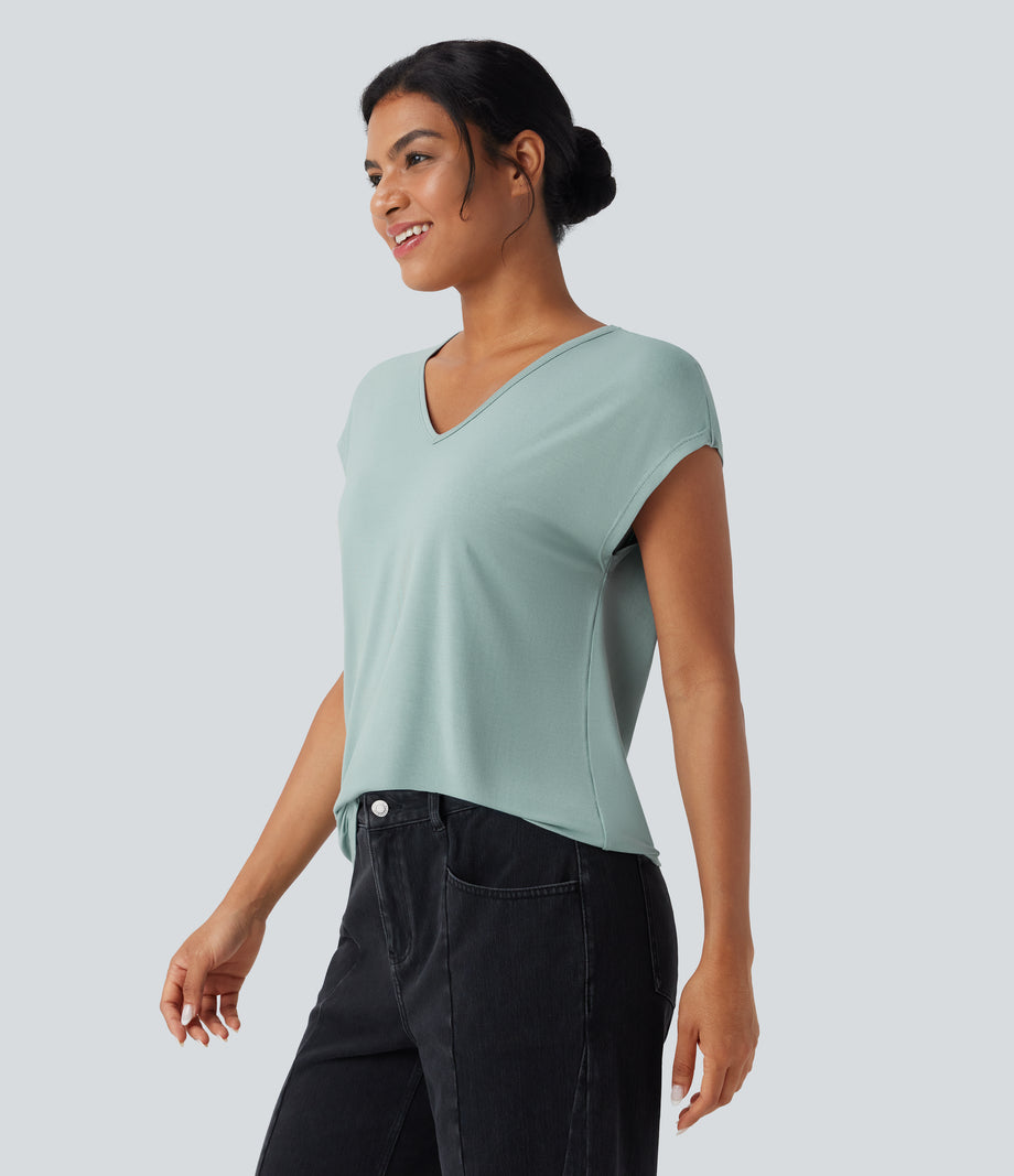 V Neck Short Sleeve Casual T-Shirt - Blue Surf