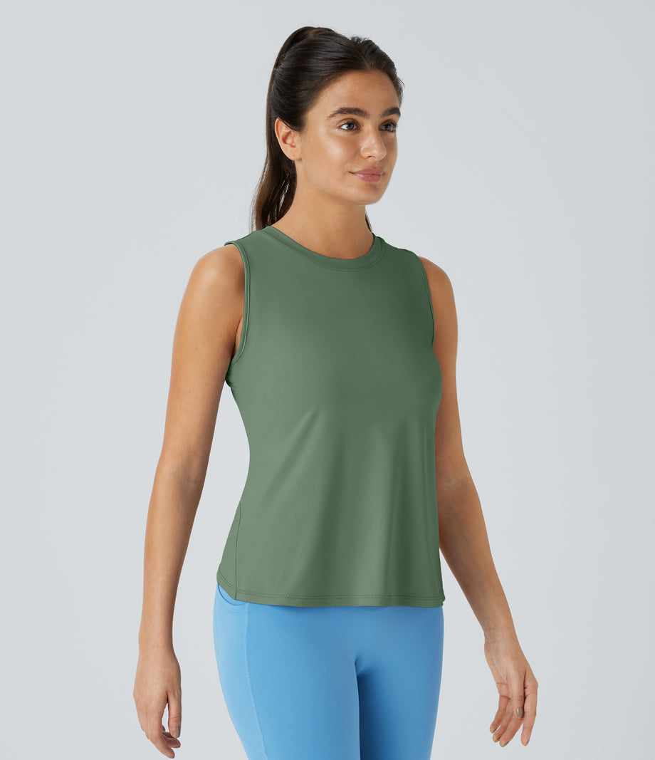 Cut Out Crossover Hem Solid Yoga Tank Top - Dark Ivy