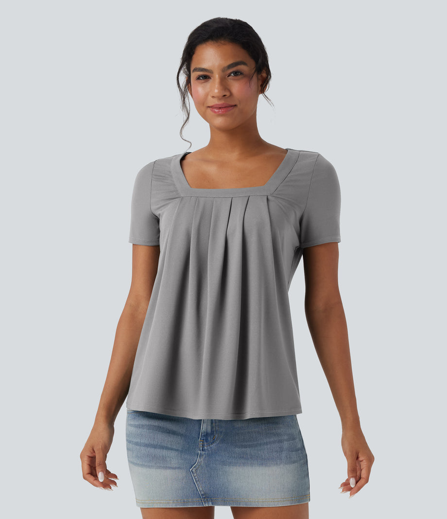 Square Neck Short Sleeve Casual Top - Ultimate Gray