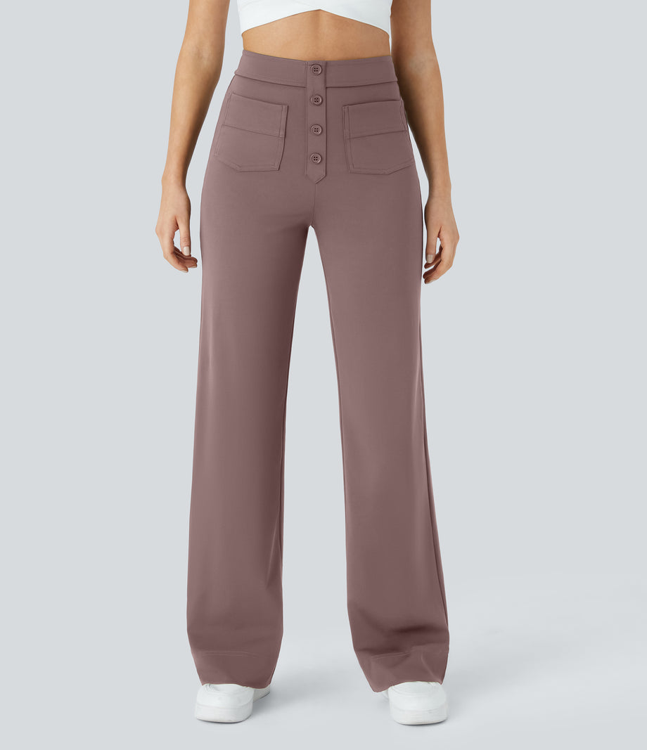 DayStretch High Waisted Pockets Straight Leg Casual Pants - Purple Sandalwood