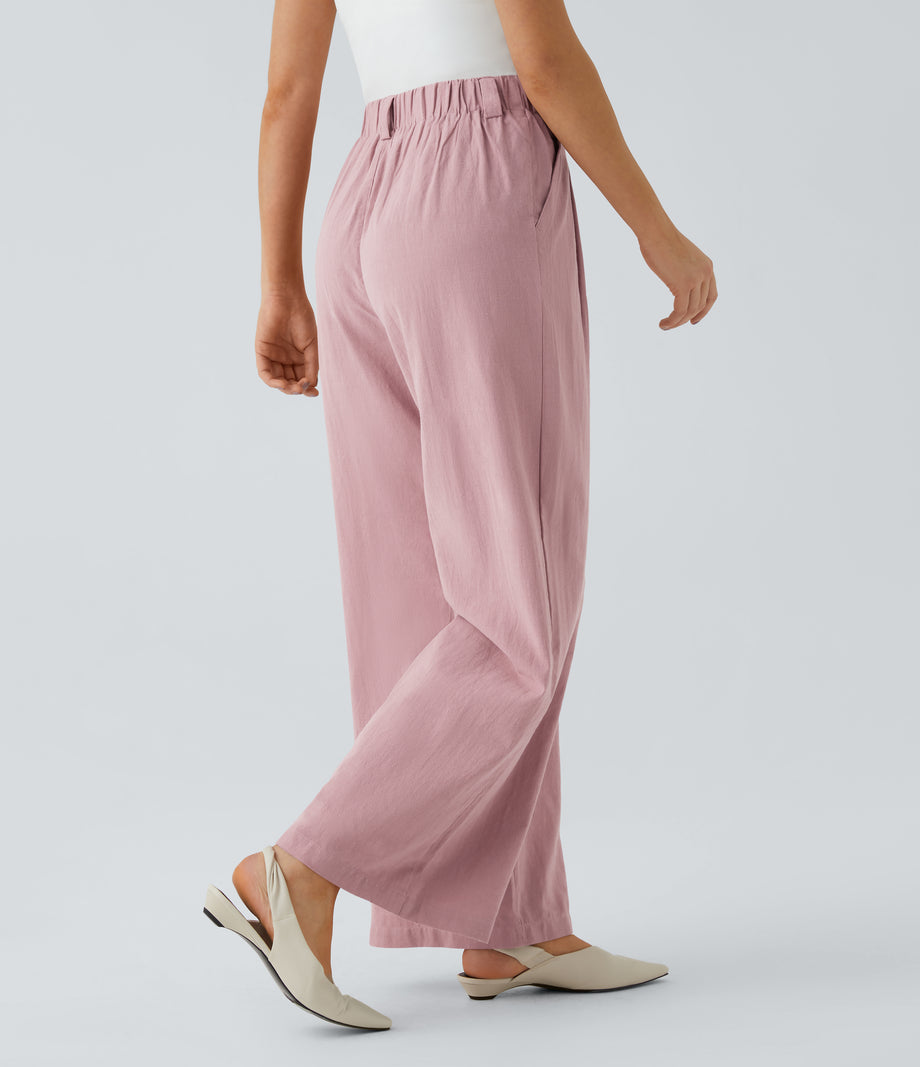 High Waisted Pocket Wide Leg Flowy Solid Palazzo Casual Linen-Feel Pants - Pale Lilac