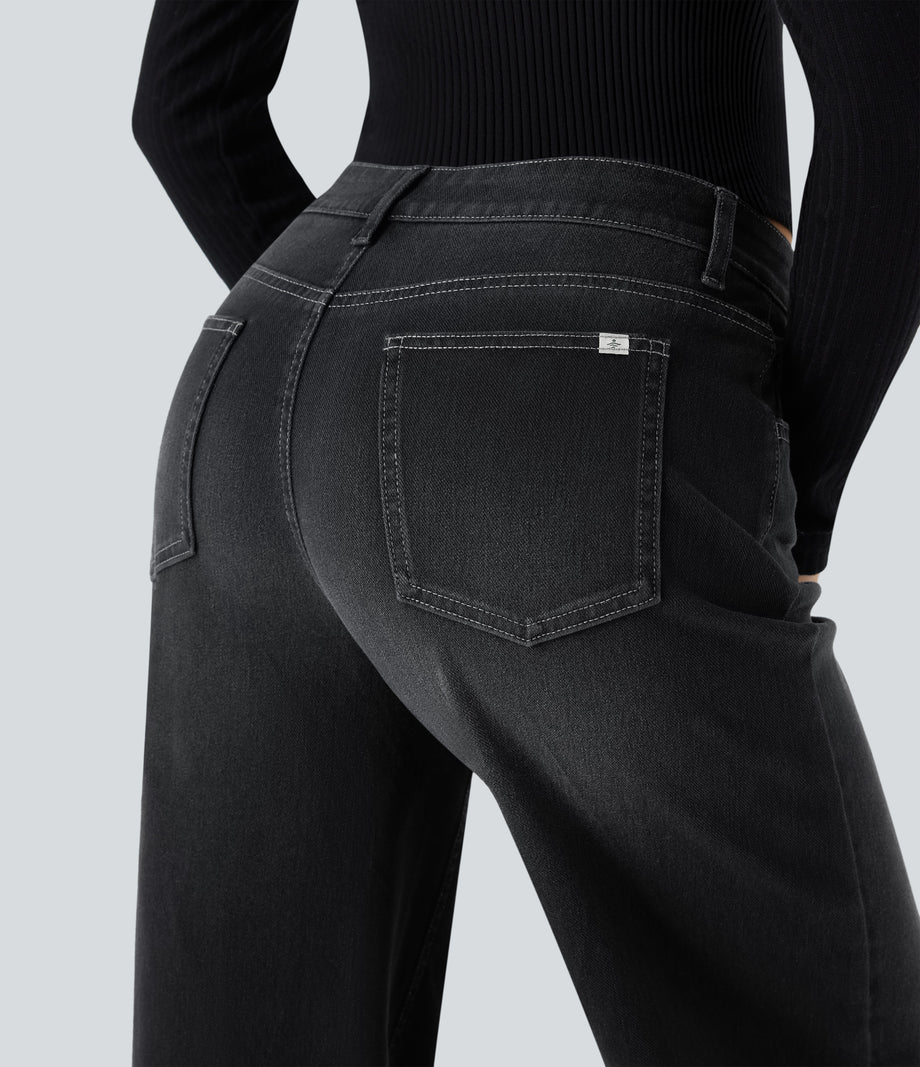 Halara Flex™ Low Rise Zipper Pockets Washed Baggy Wide Leg Casual Jeans - Dirty Black Denim