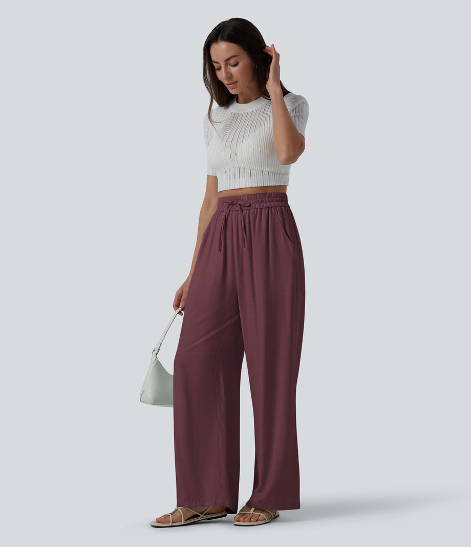 High Waisted Drawstring Wide Leg Casual Linen-Blend Pants with Pockets - Hortensia