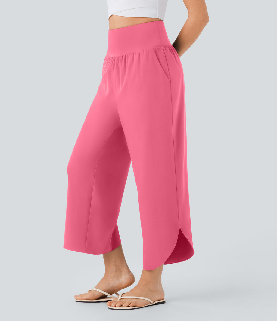 Breezeful™ High Waisted Tummy Control Split Hem Quick Dry Resort Pants with Pockets - Pink Lemonade