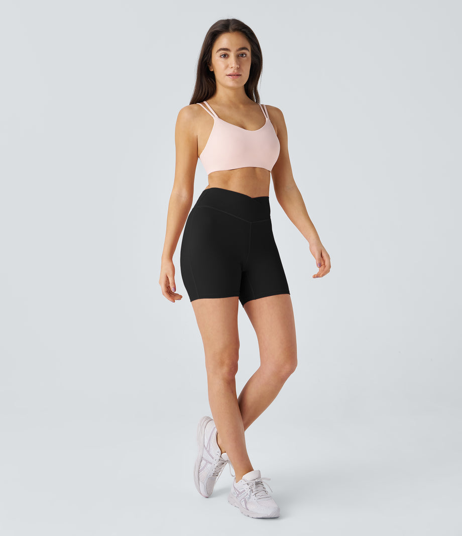 SoftlyZero™ Plush High Waisted Crossover Ruched Yoga Shorts 5'' - Black