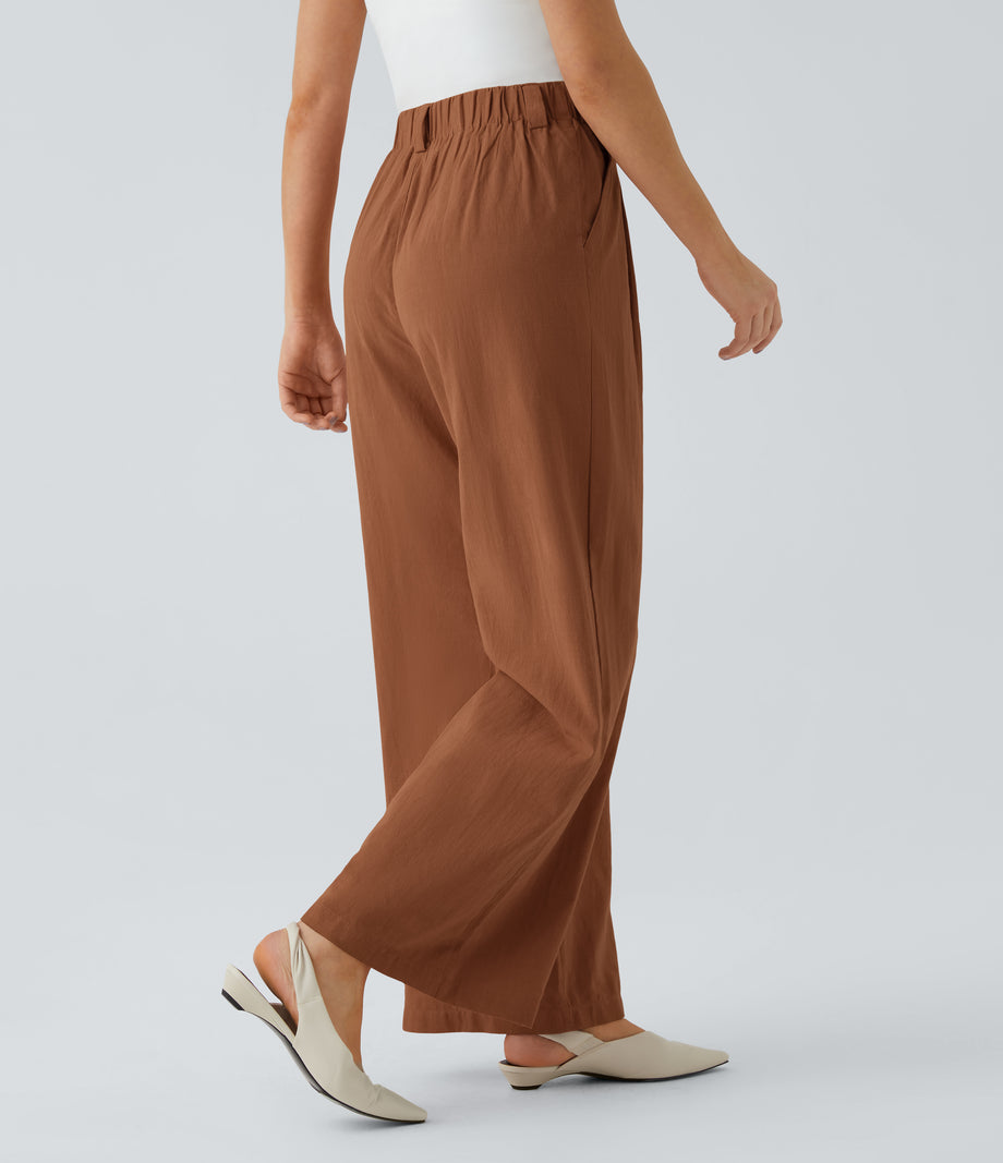 High Waisted Pocket Wide Leg Flowy Solid Palazzo Casual Linen-Feel Pants - Sierra