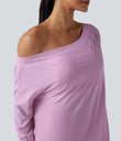 One Shoulder Long Sleeve Thumb Hole Curved Hem High Low Quick Dry Yoga Sports Top-Built-in Bra - Orchid Bouquet