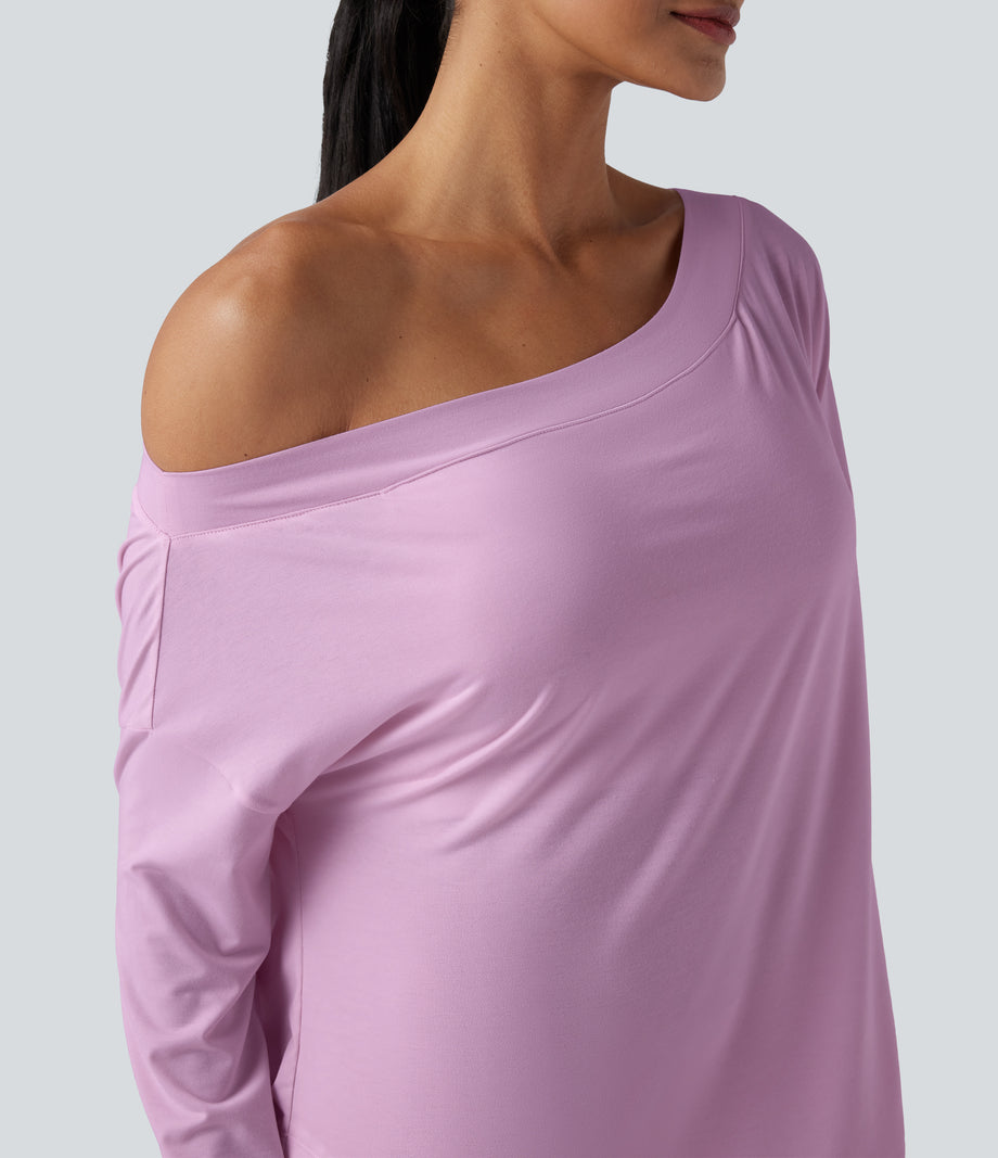 One Shoulder Long Sleeve Thumb Hole Curved Hem High Low Quick Dry Yoga Sports Top-Built-in Bra - Orchid Bouquet