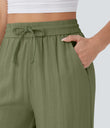 High Waisted Drawstring Pocket Wide Leg Baggy Casual Linen-Feel Pants - Loden Green