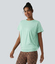 Round Neck Short Sleeve Ruched Cool Touch Yoga Sports Top-UPF50+ - Honeydew