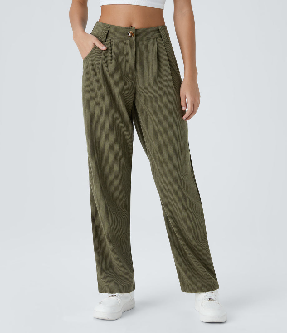 Mid Rise Zipper Pocket Corduroy Casual Pants - Hazel Mist Green