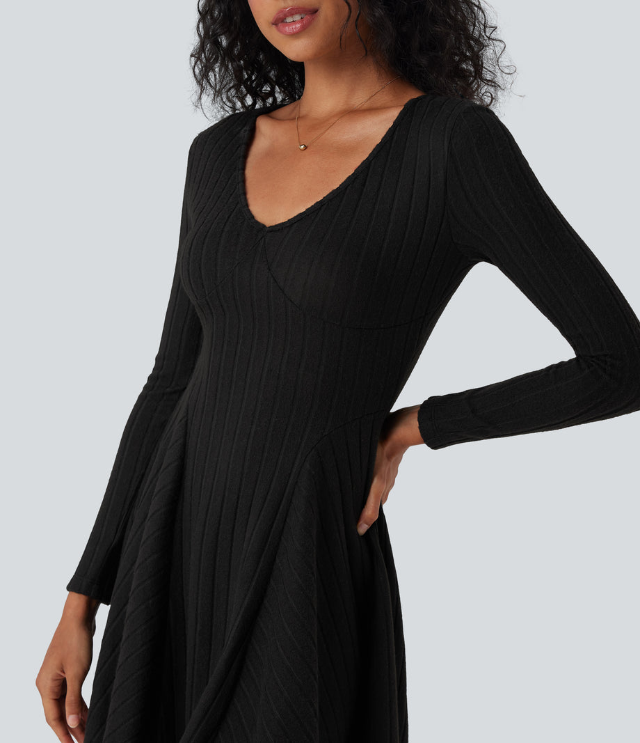 Ribbed Knit V Neck Long Sleeve Flare Mini Casual Dress with Pockets - Black