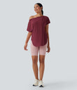 One Shoulder Short Sleeve Curved Hem High Low Quick Dry Yoga Sports Top - Tibetan Red