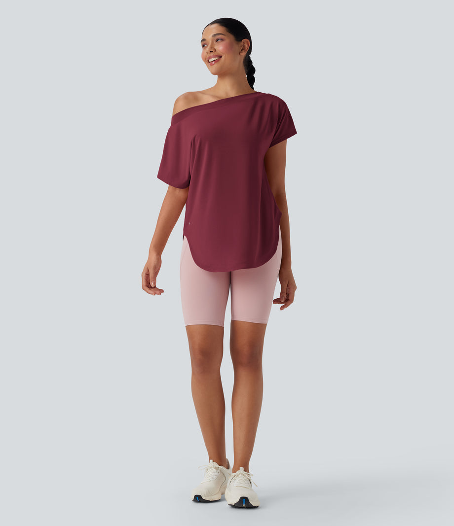 One Shoulder Short Sleeve Curved Hem High Low Quick Dry Yoga Sports Top - Tibetan Red