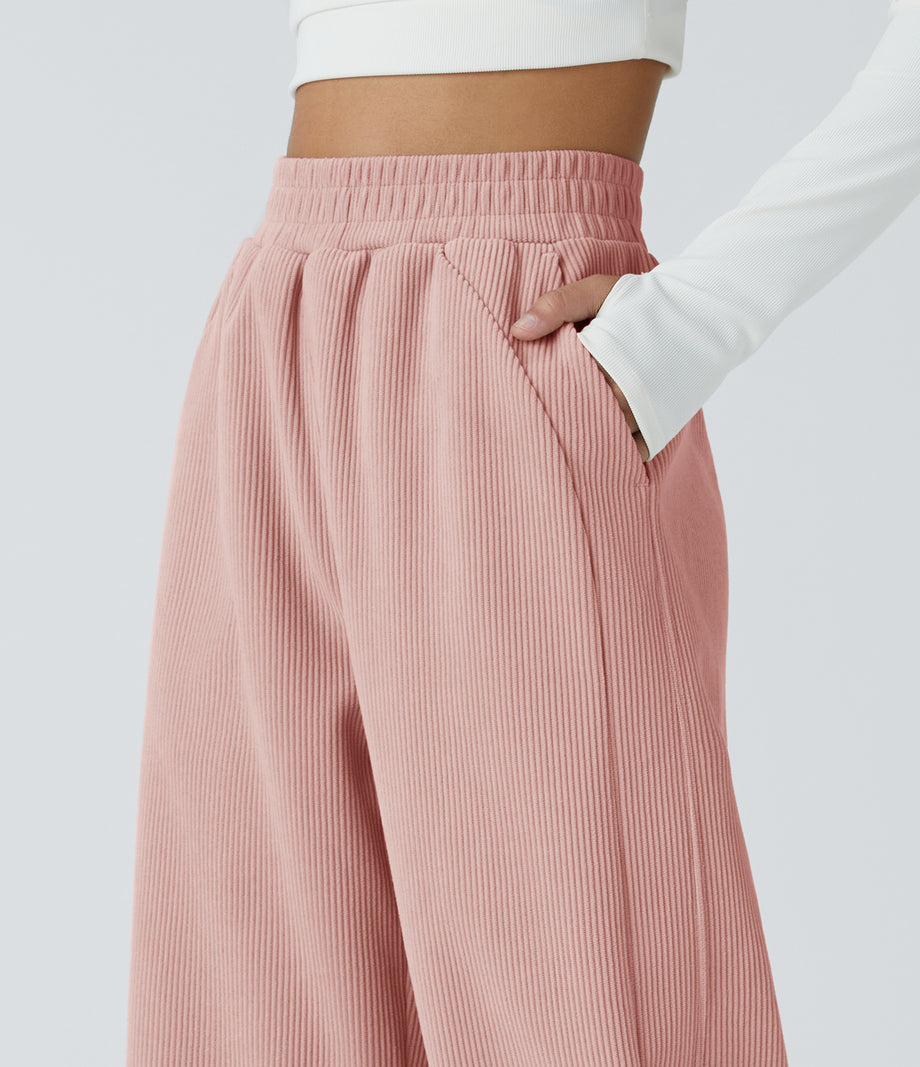 High Waisted Pocket Straight Leg Baggy Mop Corduroy Casual Pants - Rosette