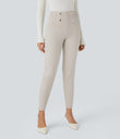 High Waisted Tummy Control Decorative Back Zipper Pockets Herringbone Work Leggings - Moonbeam