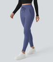 SoftlyZero™ Plush High Waisted Drawstring Pocket Plain Full Length Joggers - Dusky Blue
