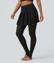 Breezeful™ High Waisted Pleated 2-in-1 Contrast Mesh Quick Dry Dance Stirrup Skirted Leggings with Pockets - Black
